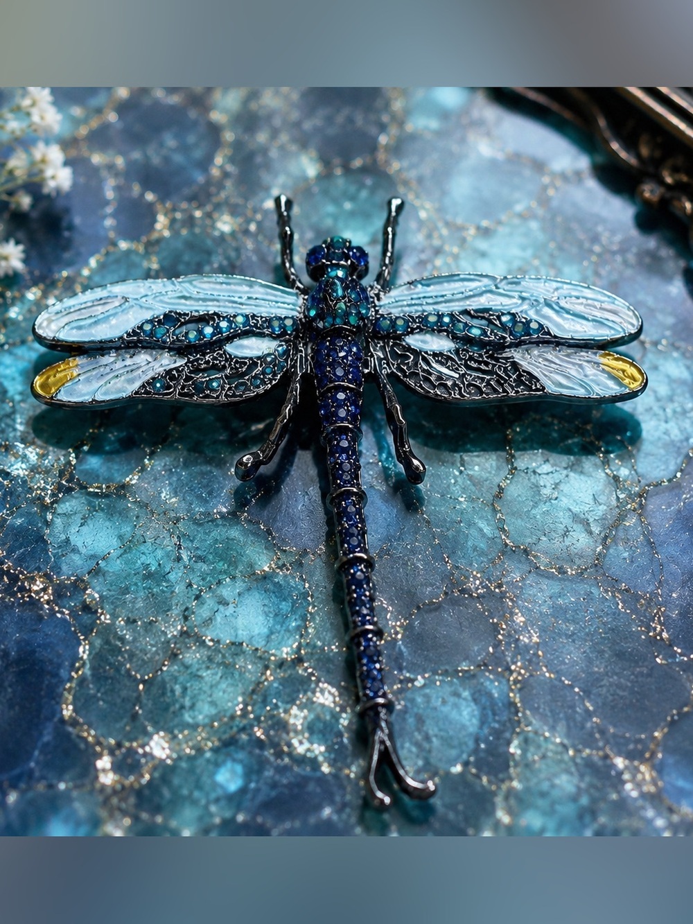 Large Articulated Dragonfly Brooch β Blue Rhinestone & Enamel Statement Pin - Picture 2 of 7